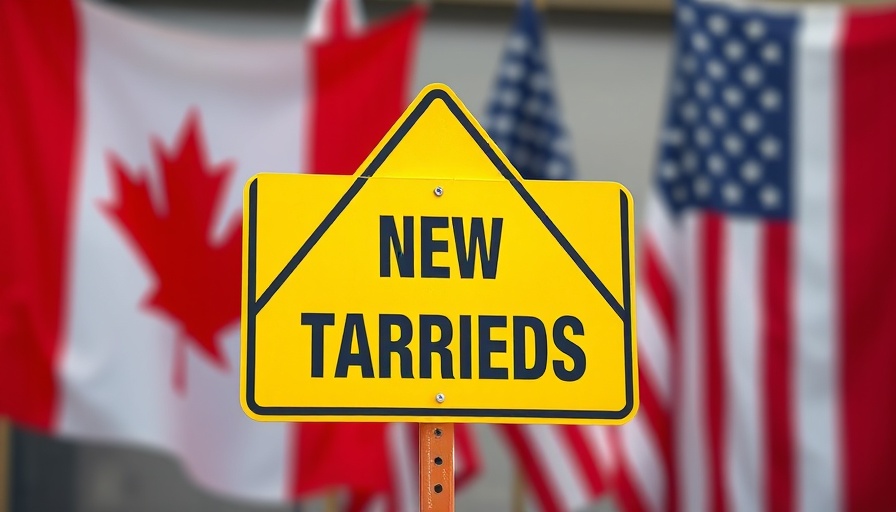 Yellow warning sign with 'NEW TARIFFS' highlighting trade tensions between Canada and the USA.