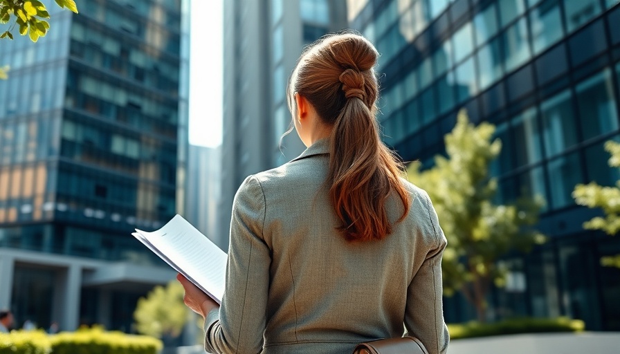 Female sales representative outside modern office buildings, contemplating.