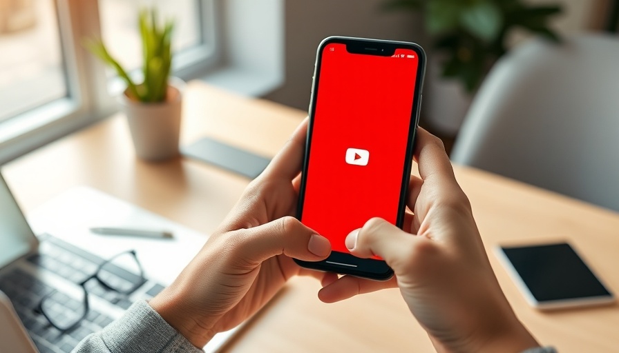 Hands holding phone with YouTube logo, modern office.