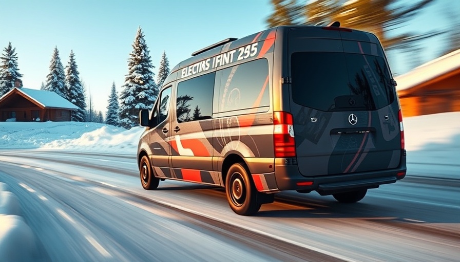 Mercedes-Benz electric van in snow with camo design, dynamic drive.