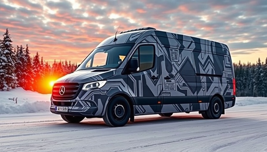 Camouflaged Mercedes-Benz electric van prototype on snowy test track.