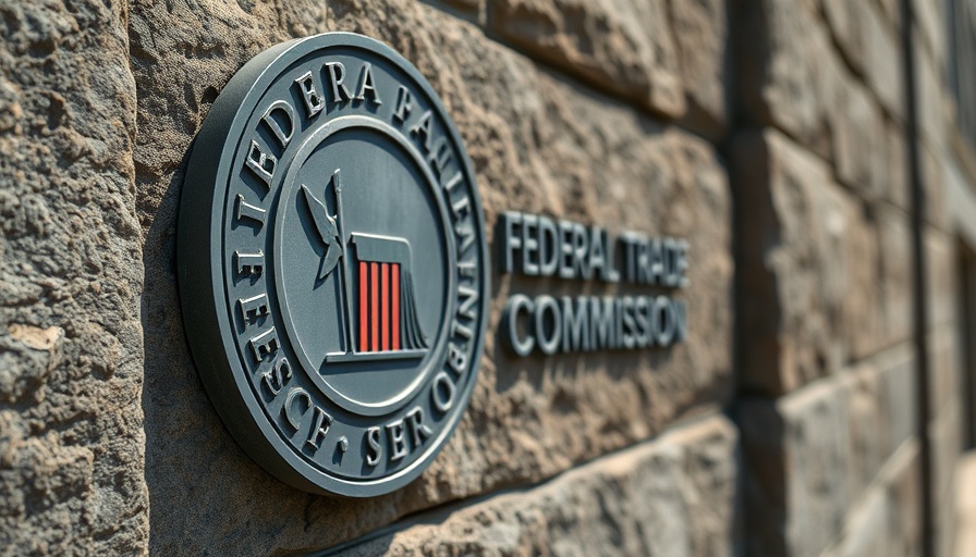 Close-up of Federal Trade Commission emblem on stone wall.