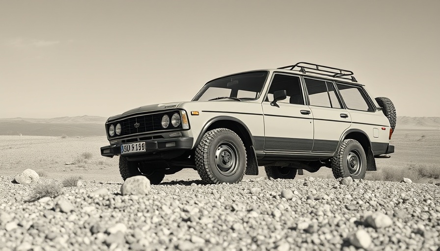 1980 Subaru 1600 4WD navigating rocky terrain in monochrome.