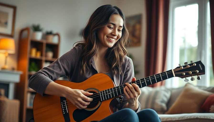 Woman enhancing brain health through music and guitar playing.