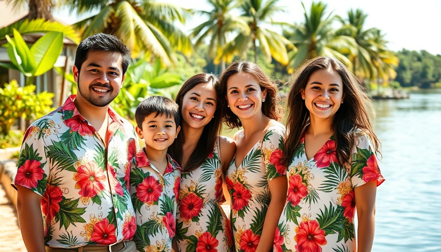 Family in matching outfits, mom influencers and UGC by river.