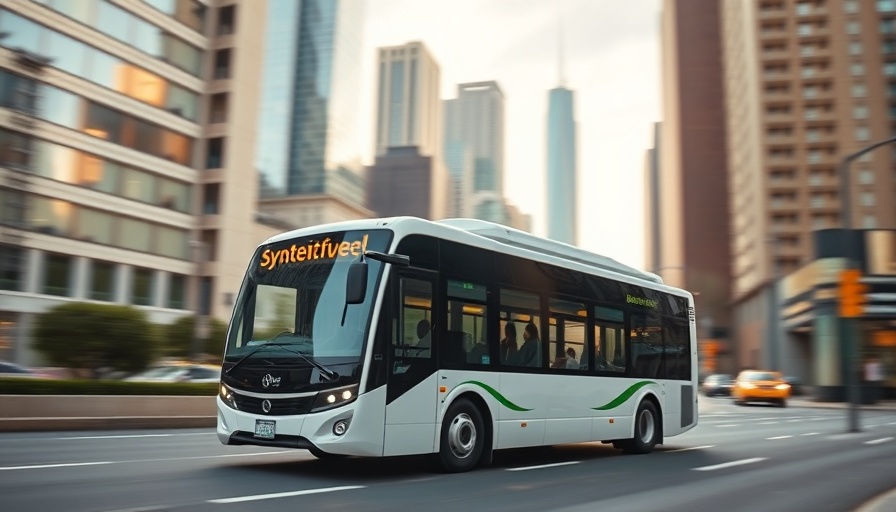 Sleek synthetic fuel shuttle bus driving through urban scenery.