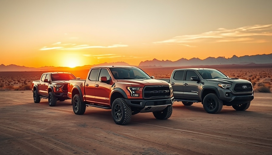 Two rugged pickup trucks in desert sunset, ideal to buy a pickup truck