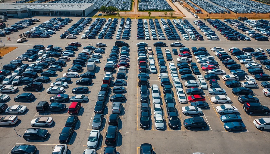 Aerial view of large car lot depicting auto industry.