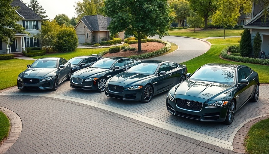 Multiple Jaguars parked in a lush suburban driveway.