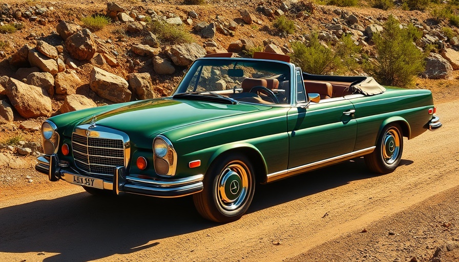 Green 1971 Mercedes-Benz 280SE Convertible on a sunny dirt road.