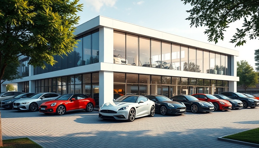 Luxurious car dealership building against a clear sky.