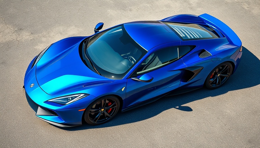 Sleek blue sports car viewed from above on asphalt.