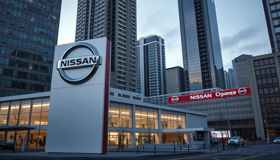 Nissan headquarters sign at dusk with cityscape backdrop.