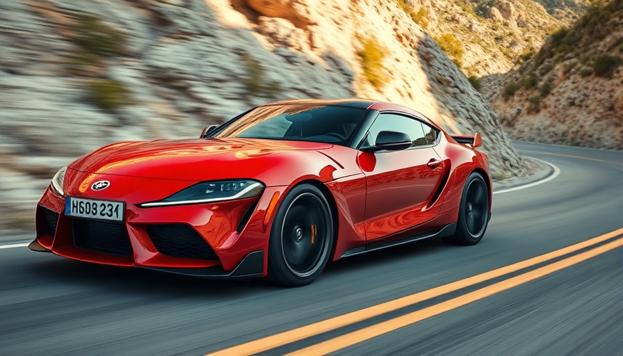 Red sports sedan on mountain road, sleek motion.