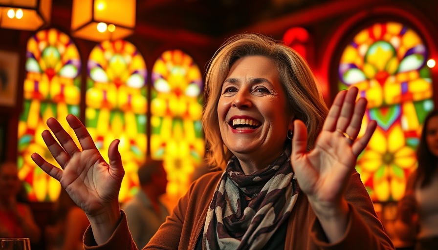 Middle-aged woman celebrating at a vibrant holiday party in a cozy bar.