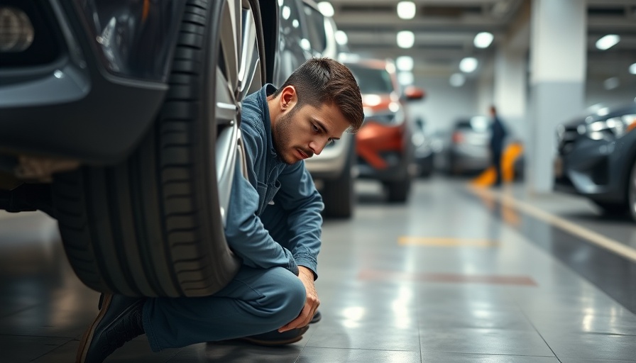 Technician inspecting car tire in dealership garage, leadership overreach