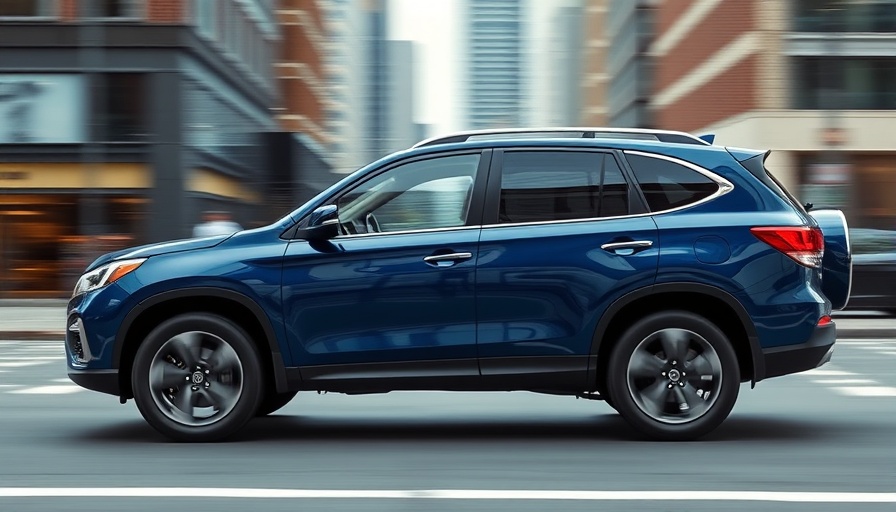 Blue SUV driving through city streets, dynamic urban background.