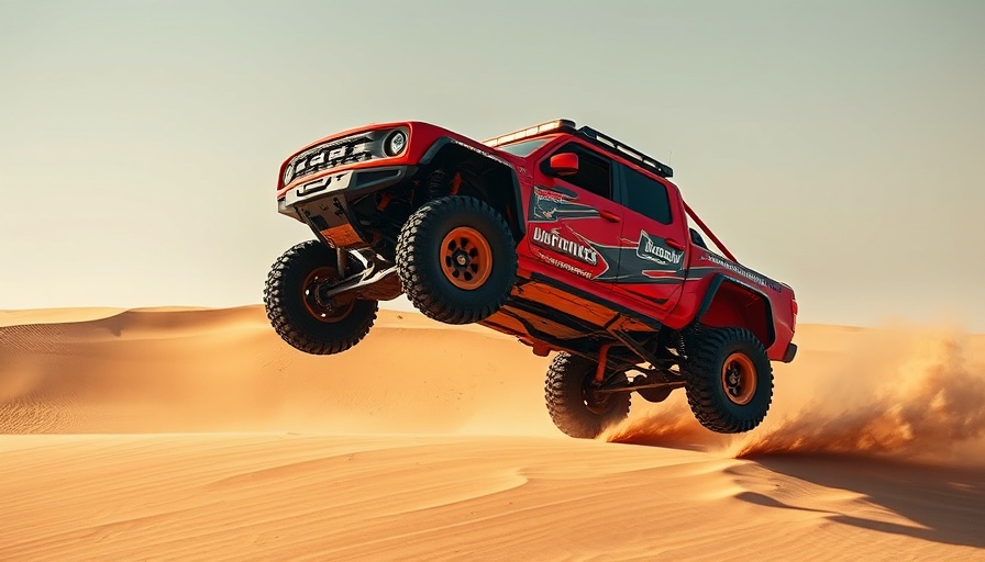 Red off-road truck jumping in desert dunes, action shot.