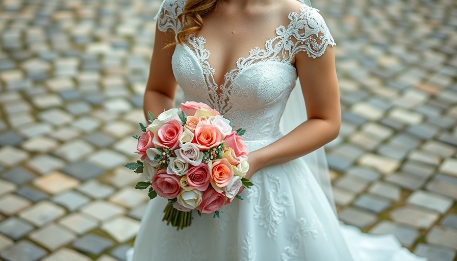 Bride in lace dress holding bouquet, aisle-to-algorithm strategy.