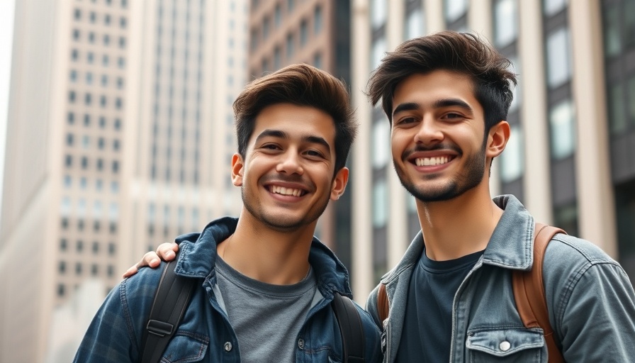 Two men smiling in urban setting, related to Onyx open source enterprise search.