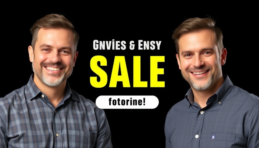 Promotional image with smiling men and text for sales event.