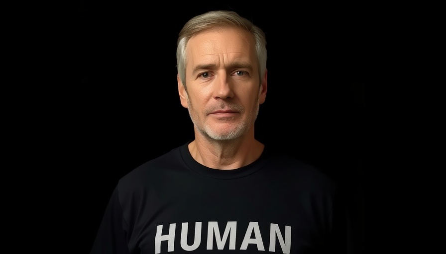 Middle-aged man in 'HUMAN' T-shirt, neutral expression.