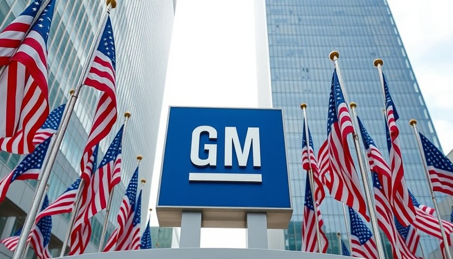 GM logo with American flags in urban setting.