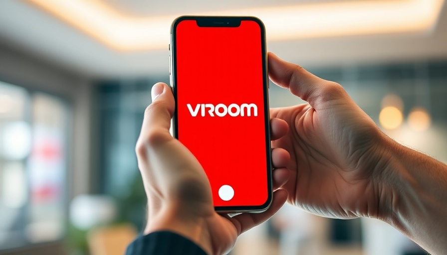 Hand with smartphone displaying Vroom logo, FTC refunds Vroom consumers.