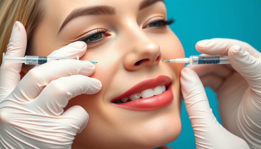 Woman receiving filler treatments with syringes against blue background.