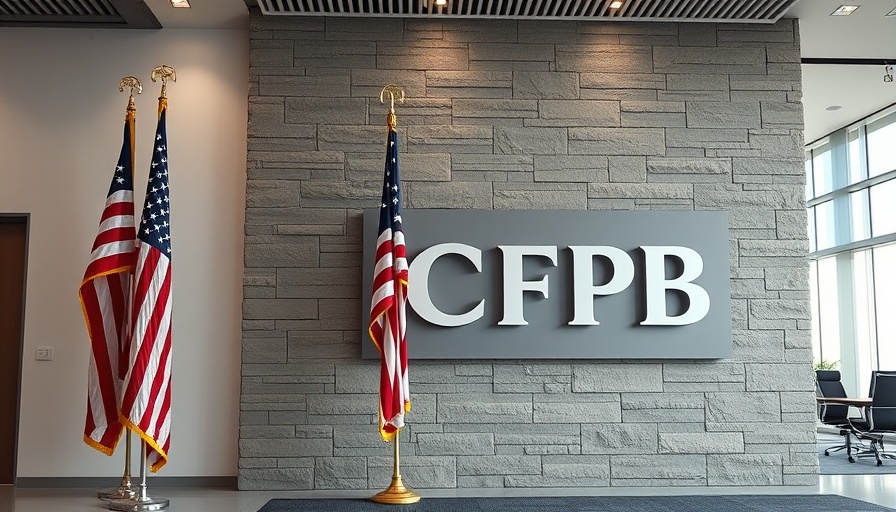 Government office interior with CFPB sign and American flag, consumer complaints.