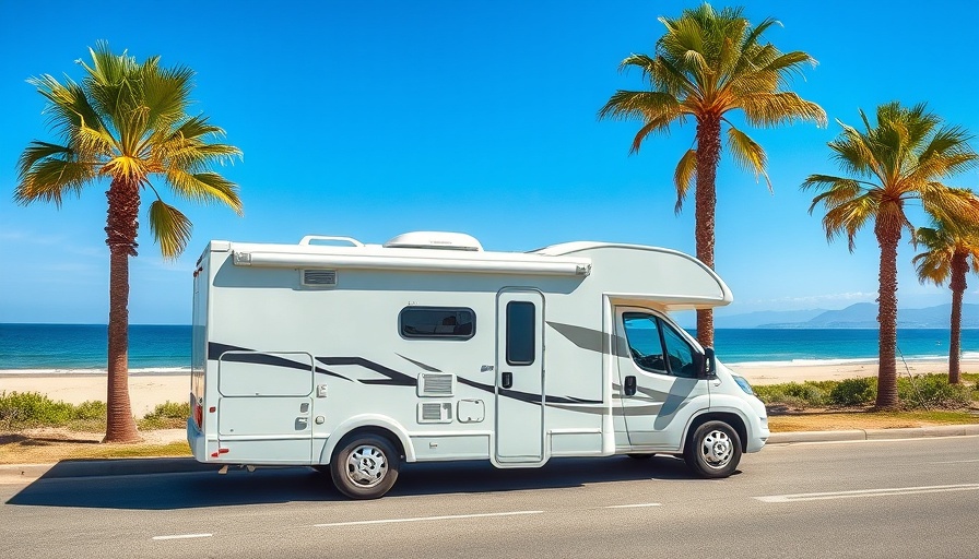Sleek motorhome parked by palm trees on coastal road; motorhome values drop.