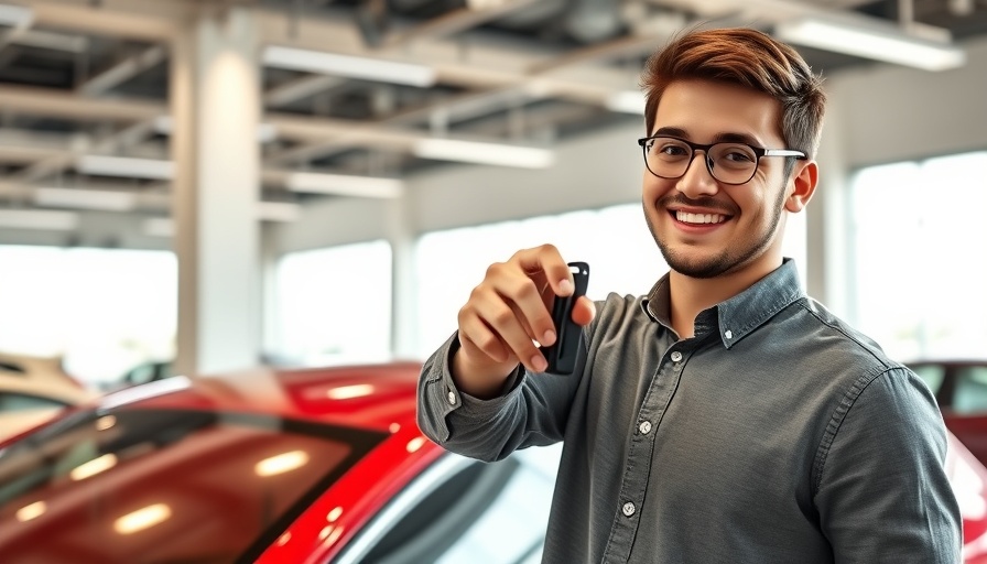 Forward-thinking car buyer holding keys beside new red car in dealership.