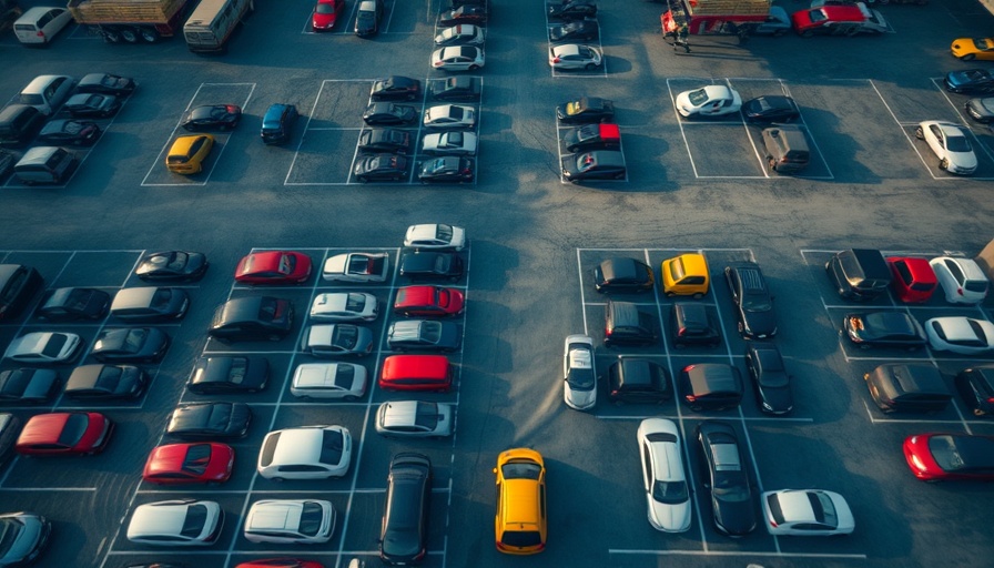 Aerial view of parked cars in lot, highlighting auto stocks slide on tariff news.