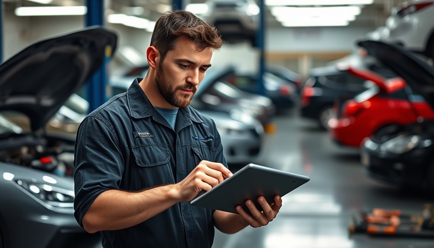 Mechanic in garage analyzing data on tablet, EU Data Act automotive.