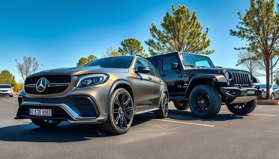 Custom cars at Wekfest Chicago showing a Mercedes and Jeep parked.