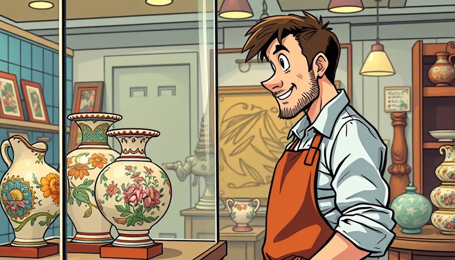 Expressive cartoon salesperson evaluating vase in showroom, attention to detail.