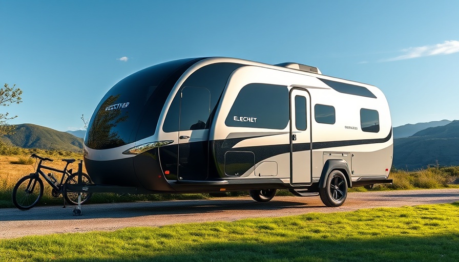 Sleek modern electric travel trailer in scenic setting