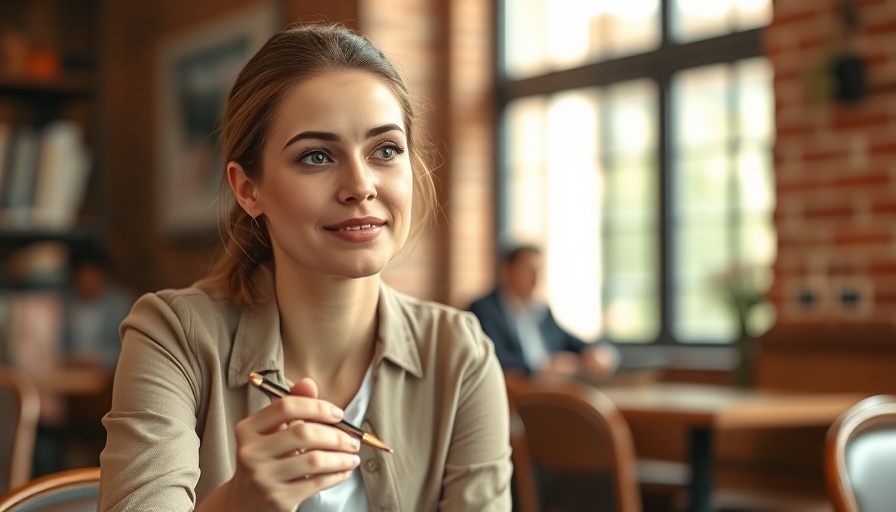 Professional interviewer and candidate discussing in warm cafe setting.