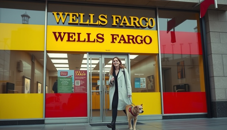 Woman entering Wells Fargo bank with dog, urban setting.