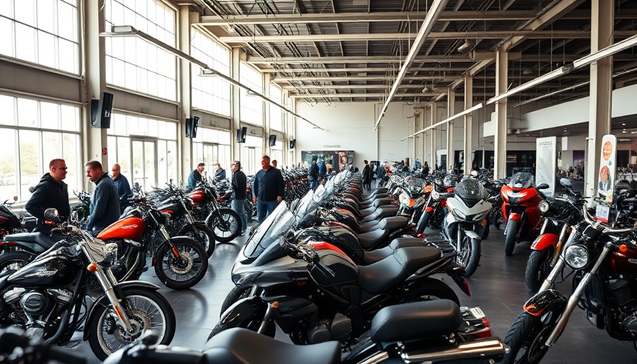 Motorcycle showroom showcasing potential HDFS sale, customers browsing.