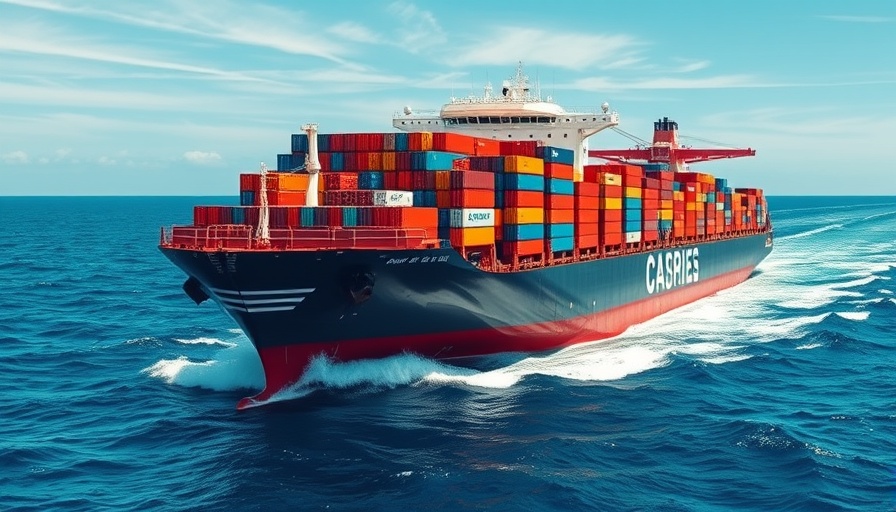Cargo ship navigating ocean, communicating through tariff turmoil.