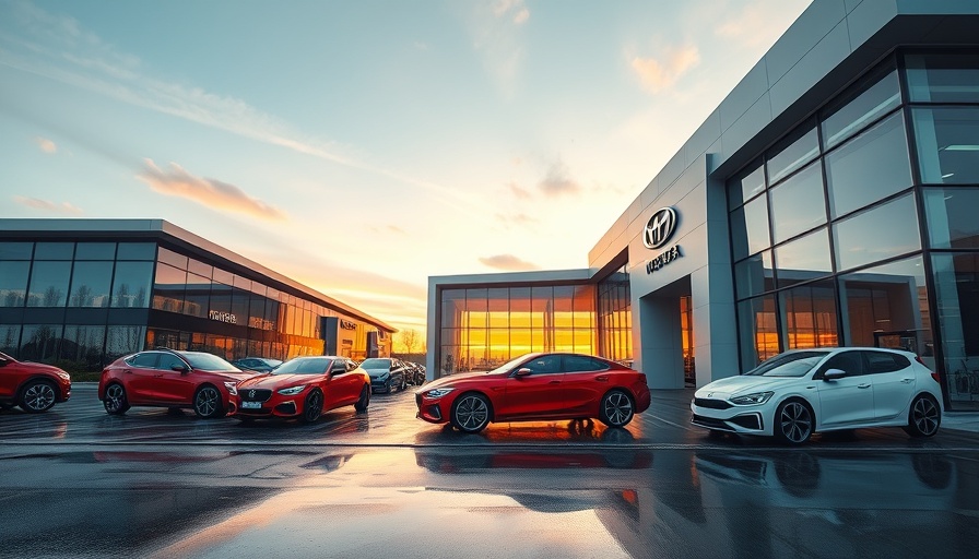 Modern dealership at sunset with car reflections