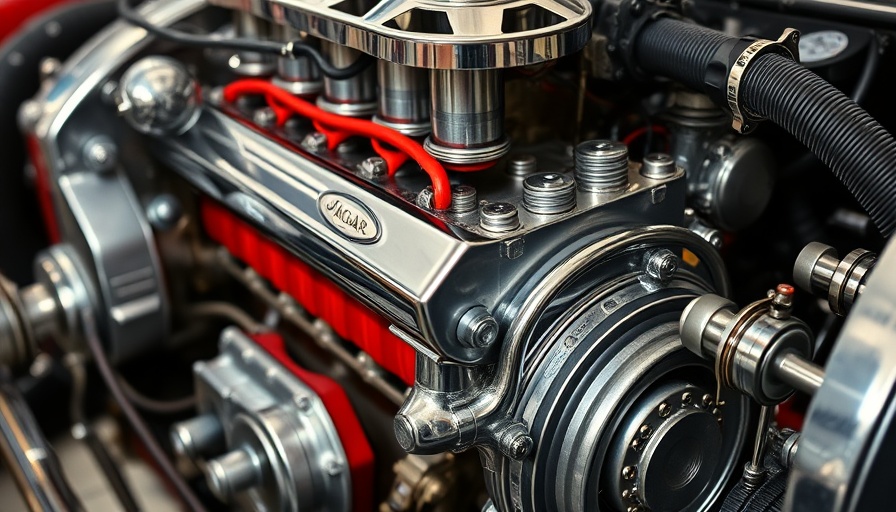 Close-up of 1953 Jaguar XK120 engine with polished parts.