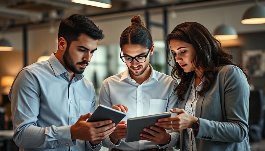 Modern office setting with professionals using devices, AI tools for marketing.
