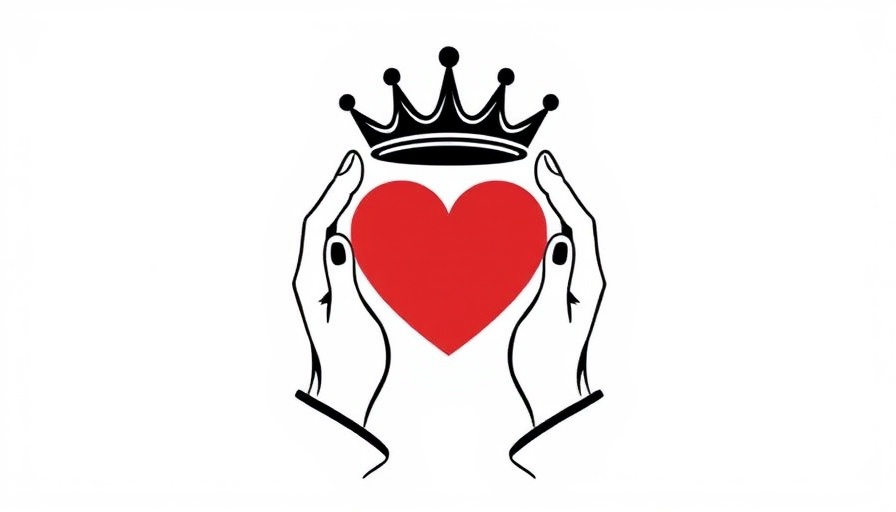 Minimalist heart and crown illustration with hands holding a heart, AI tools for SEO