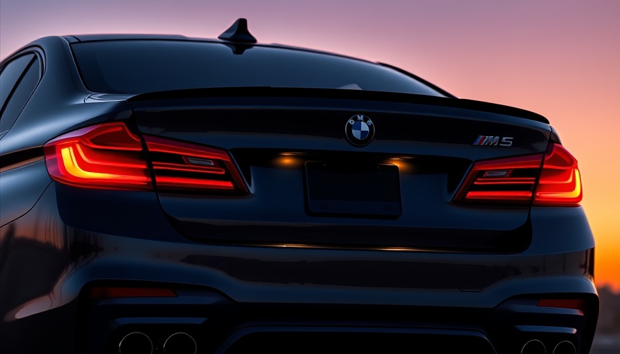2025 BMW M5 hybrid with glowing tail lights at sunset.