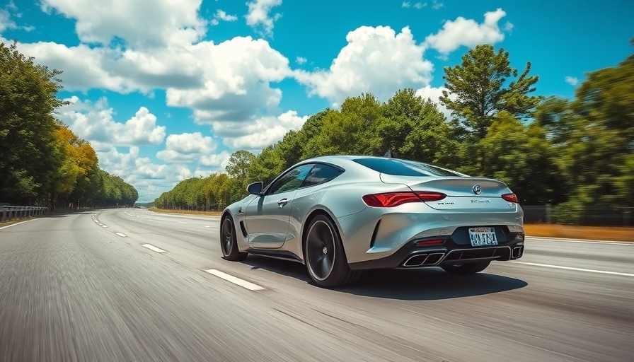 Sleek car driving on a highway with a blue sky, related to subprime delinquencies in auto loans.