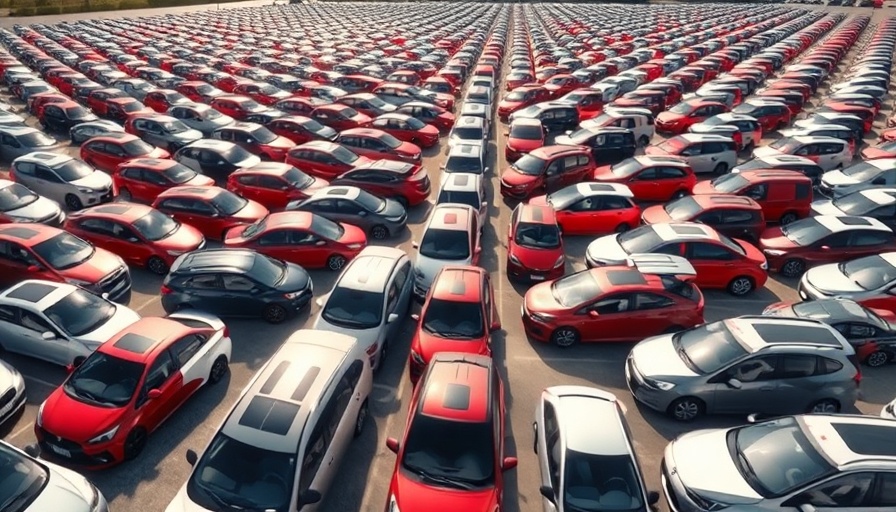 Vast array of parked cars depicting auto sales rise due to tariffs.