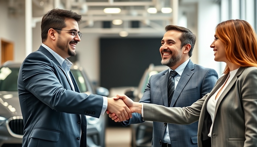 Business deal in automotive showroom with handshake, digital business cars.