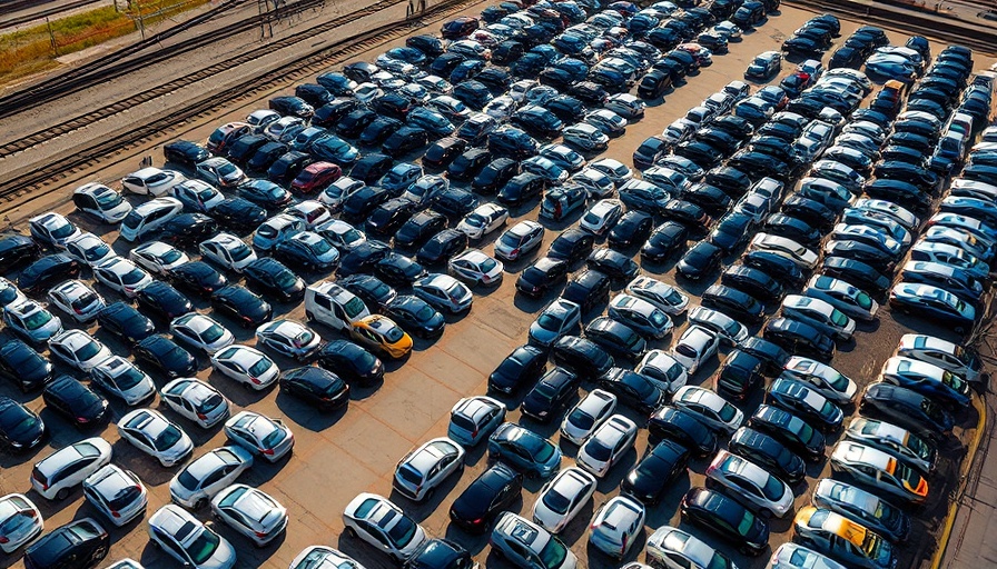 Aerial view of a large car parking lot filled with new cars, under clear sun.